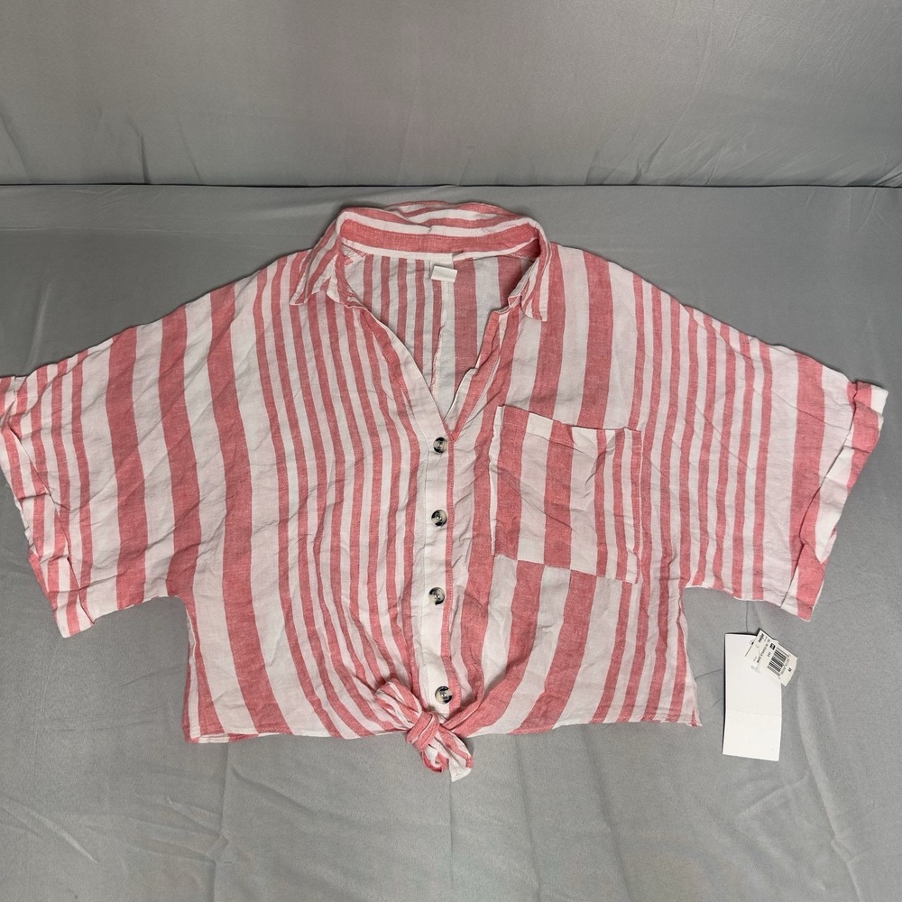 NWT‎ Pink White Striped Tie Crop M Wide Sleeve Linen Feminine Boho Beachy Flowy